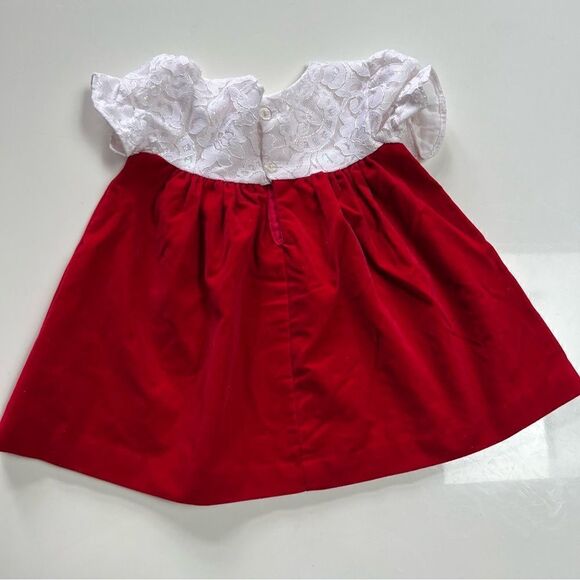 TWO Vintage 1990s Red Velvet Baby Dresses Lacey Floral Schnauzer Dog with Hat - Picture 7 of 13